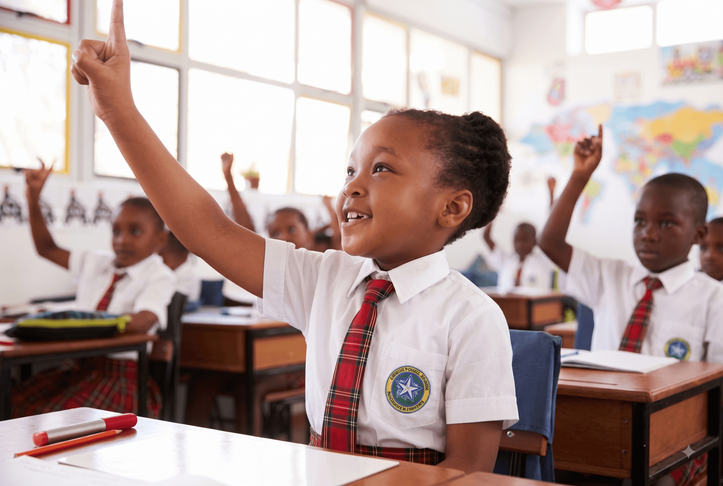 A young N-Bright Star Academy student enthusiastically raising hand in class